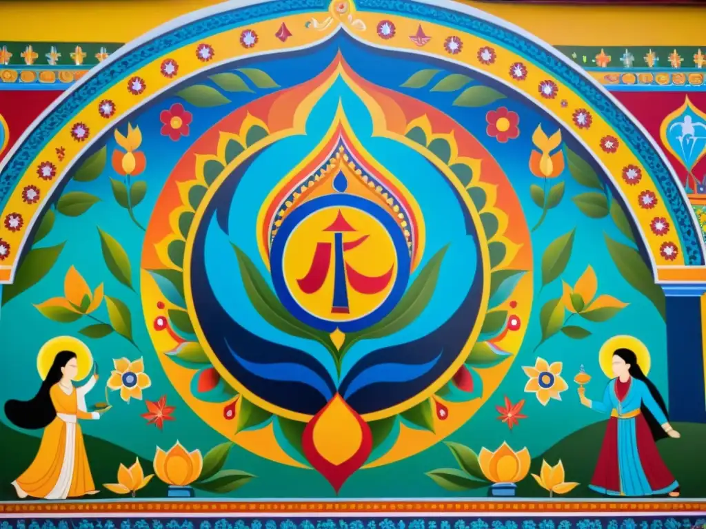 Un mural jainista detallado muestra Ahimsa, Satya y Asteya en vibrantes colores, rodeado de símbolos y principios jainistas en una comunidad activa