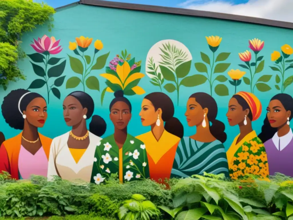 Un mural poderoso celebra la diversidad y la solidaridad de mujeres, con naturaleza exuberante, reflejando el impacto del ecofeminismo en las artes