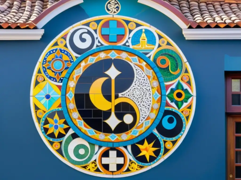 Un mural sincretista muestra símbolos y deidades de diversas tradiciones filosóficas, con un cálido resplandor solar resaltando la armonía entre ellos