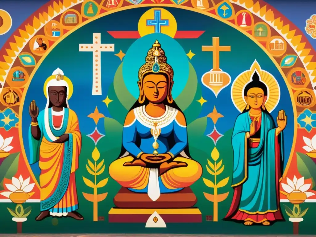 Un mural vibrante que representa la fusión armoniosa de símbolos religiosos y culturales en una manifestación estética del sincretismo filosófico
