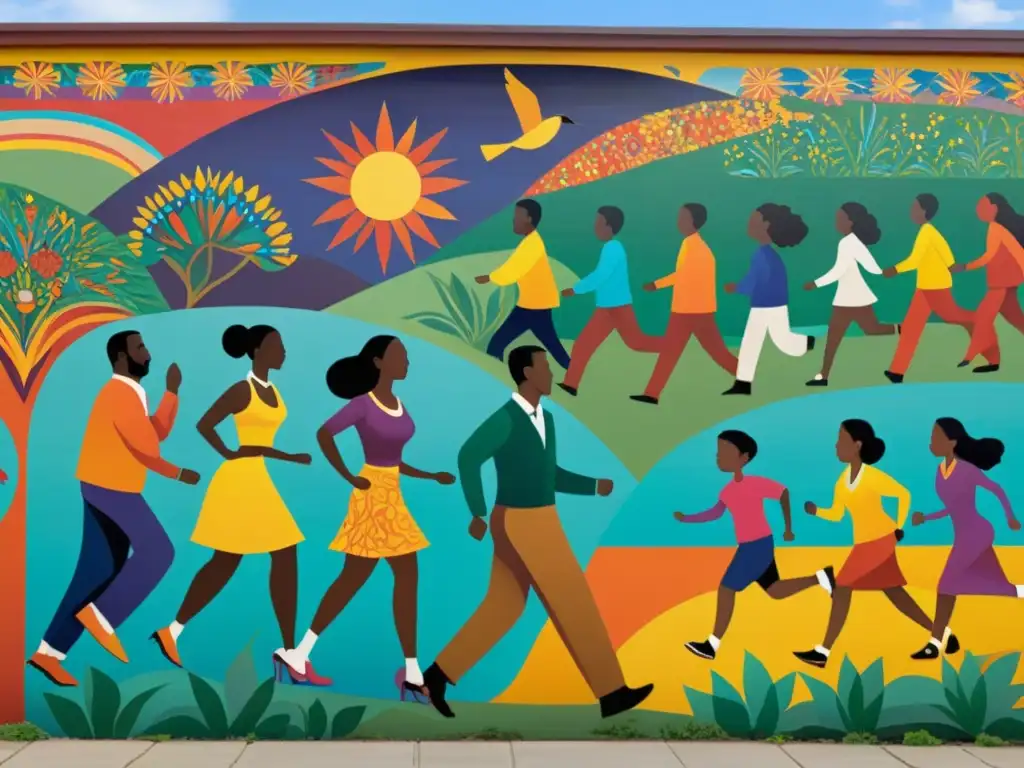 Un mural vibrante retrata la búsqueda de utopía y libertad absoluta, con personas diversas en armonía