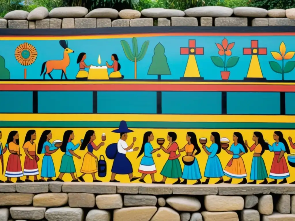 Un mural vibrante en una ciudad mesoamericana, representa escenas detalladas de la vida diaria y ceremonias religiosas