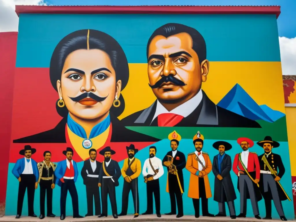 Un mural vibrante en una ciudad urbana que retrata revolucionarios latinoamericanos y activistas, con colores audaces y detalles intrincados