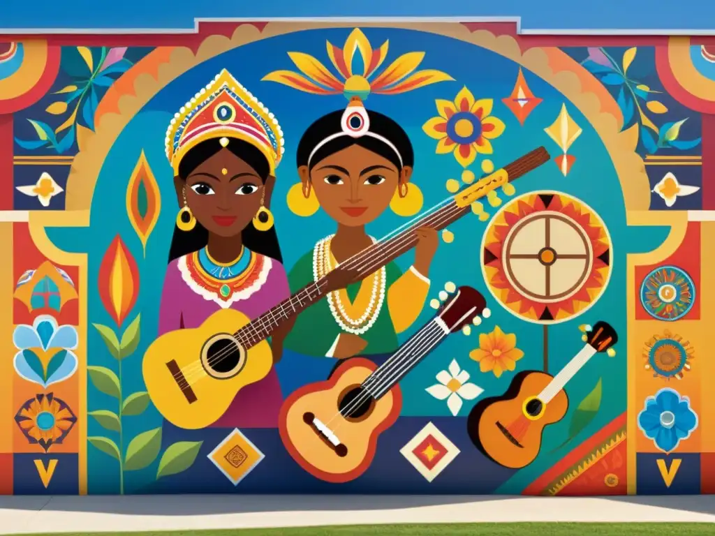 Un mural vibrante y detallado que desafía estereotipos culturales y celebra la diversidad del mundo a través de símbolos y colores impactantes