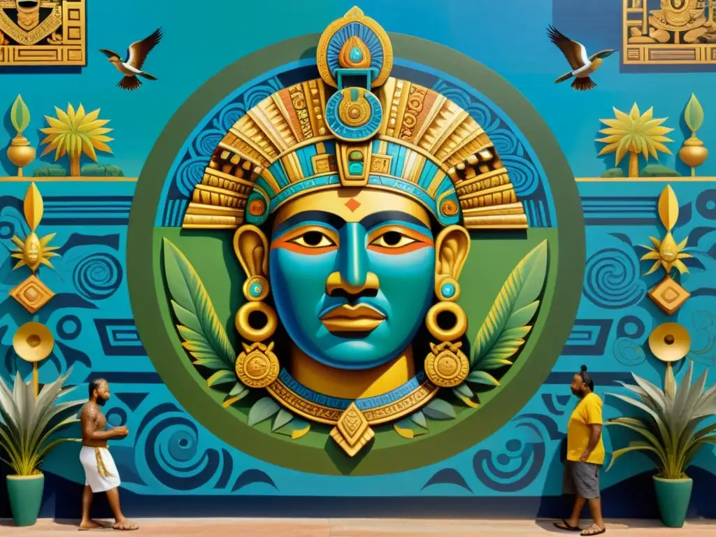 Un mural vibrante y detallado muestra filósofos aztecas en profunda discusión, rodeados de símbolos y ofrendas
