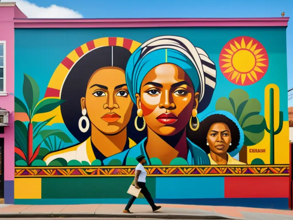 Un mural vibrante y poderoso que representa la resistencia postcolonial y la diversidad cultural en una impactante obra de arte visual