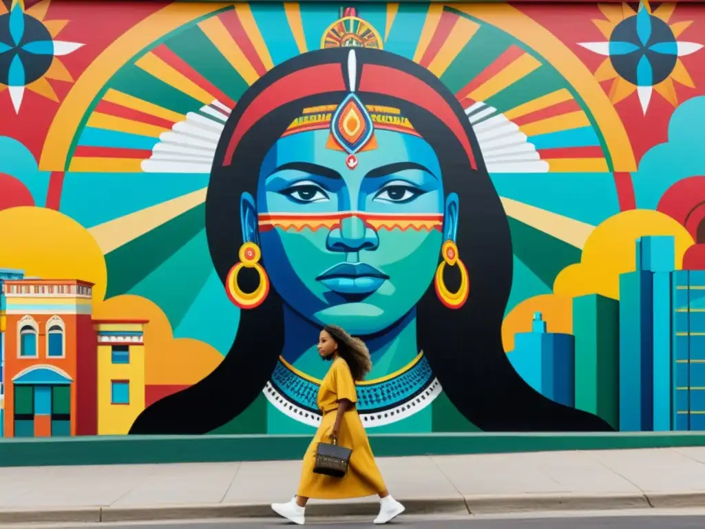 Un mural vibrante que fusiona símbolos indígenas y urbanos, reflejando el fenómeno postcolonial en la sociedad contemporánea