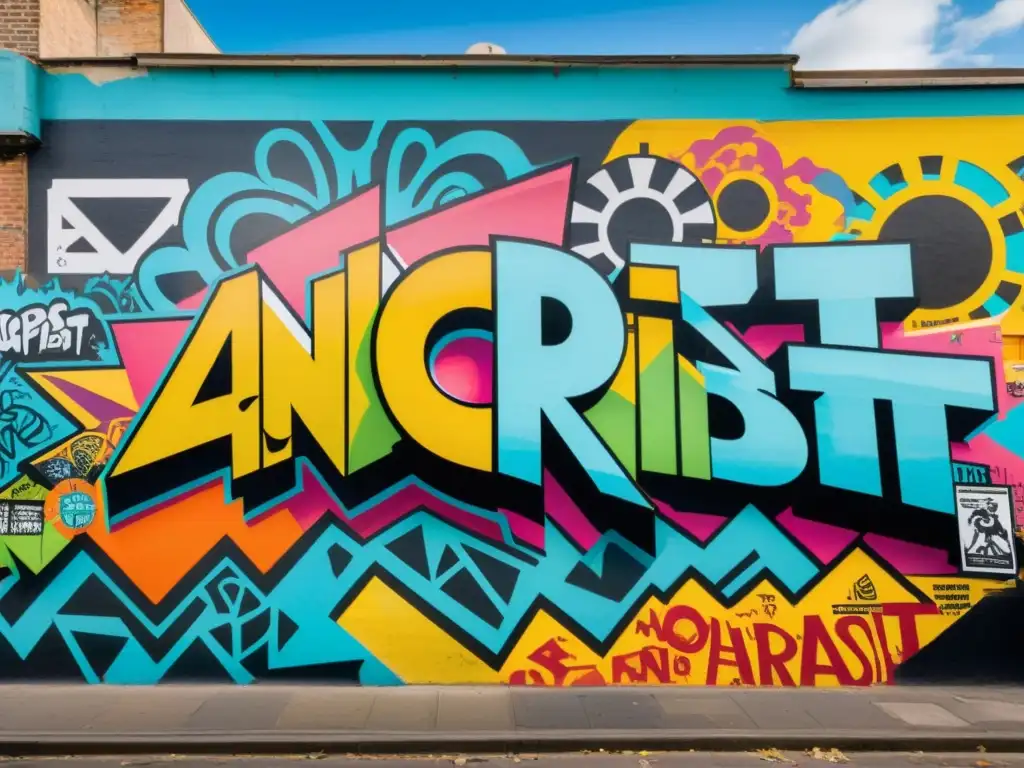 Un muro urbano cubierto de grafitis, reflejando la relación entre postmodernismo y anarquismo en un entorno caótico y vibrante