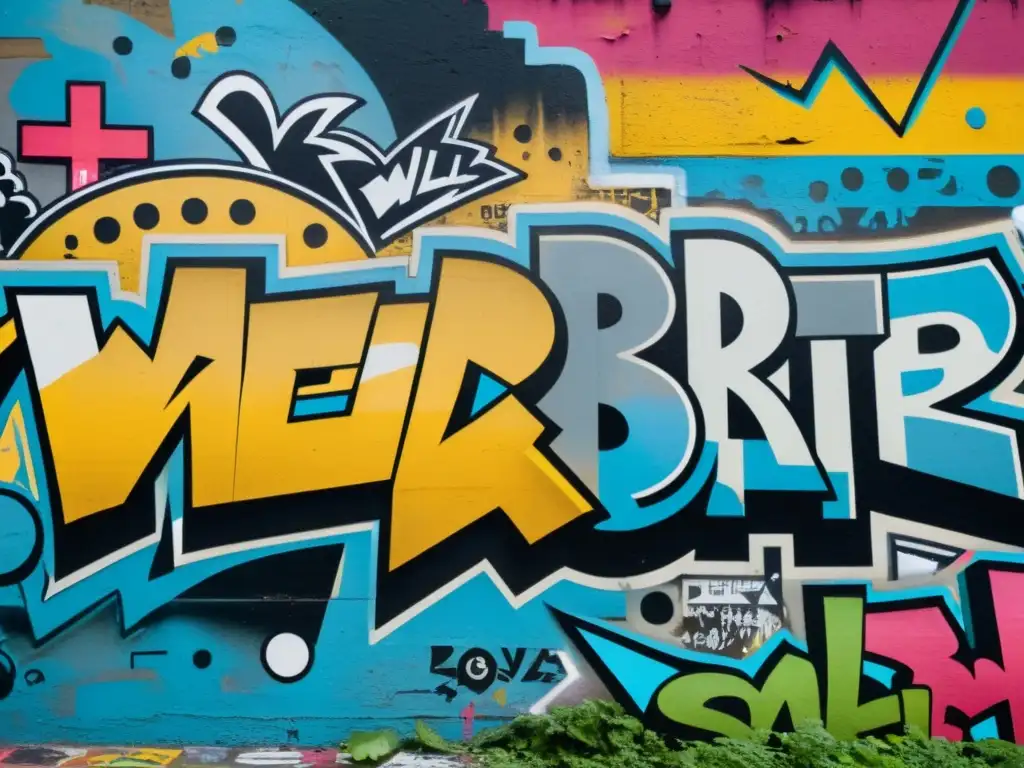 Un muro urbano desgastado y cubierto de graffiti
