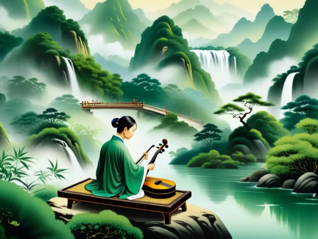 Un músico toca un guqin en un paisaje sereno con influencias taoístas en la composición musical