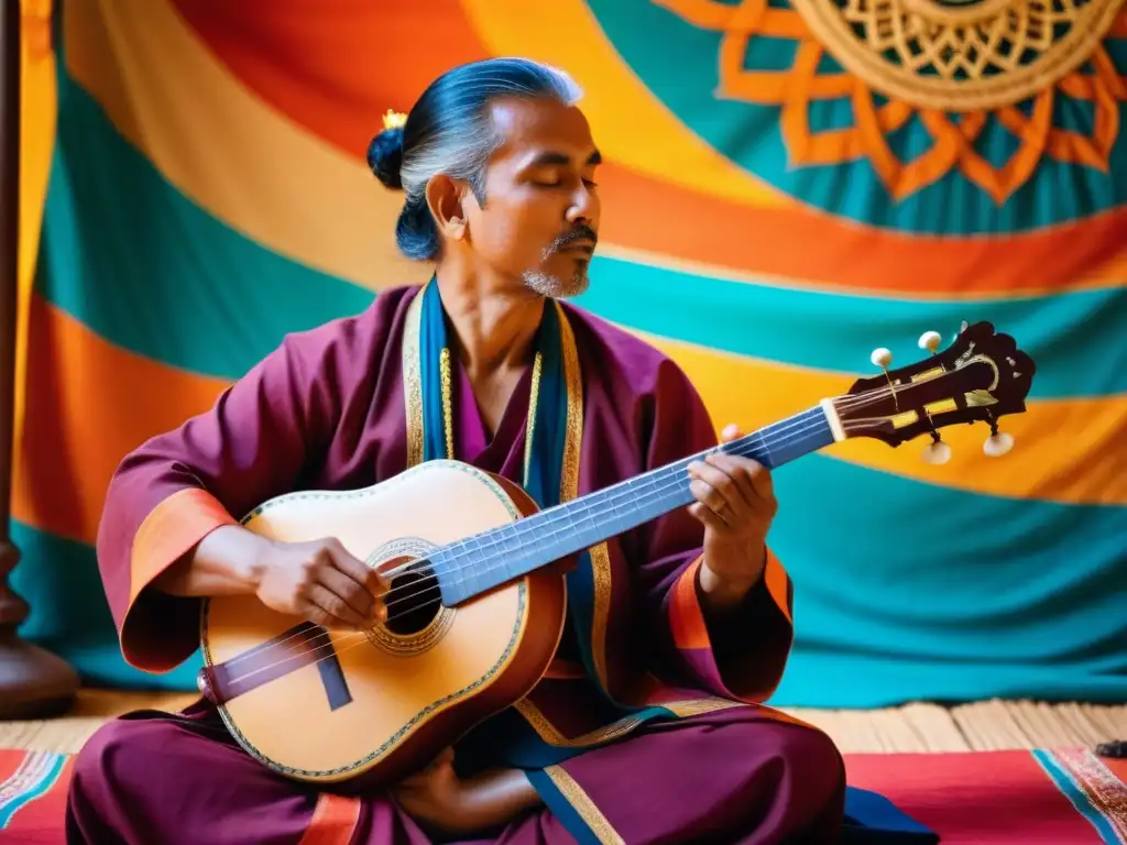 Un músico jainista toca un instrumento tradicional con devoción, rodeado de una atmósfera de serenidad y espiritualidad