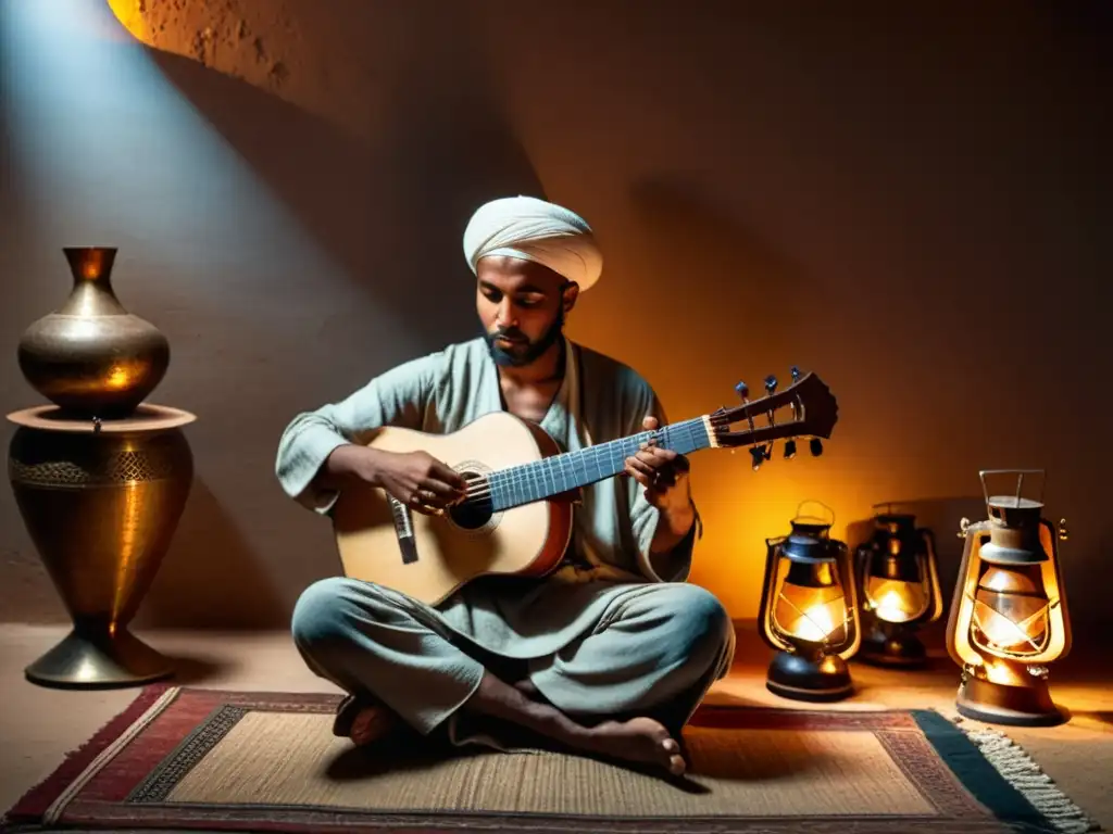 Un músico norteafricano toca el oud en una habitación con incienso, reflejando la influencia de la música en la filosofía norteafricana