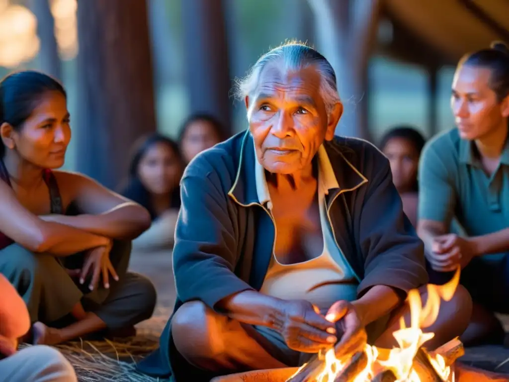 Narrador indígena comparte sabiduría ancestral alrededor del fuego, destacando la filosofía de la narrativa oral en pueblos indígenas