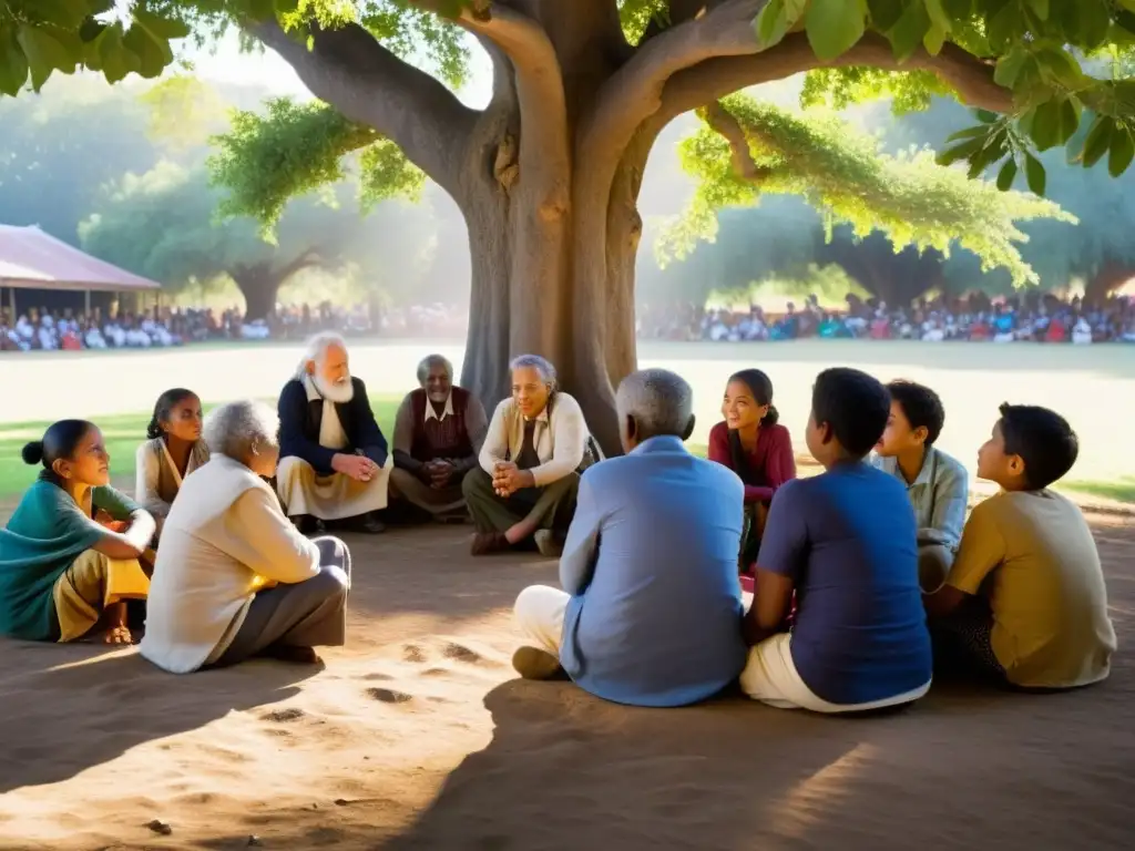 'Narrativa en enseñanzas filosóficas subsaharianas: Ancianos y jóvenes comparten cuentos bajo un árbol, iluminados por la cálida luz entre las hojas