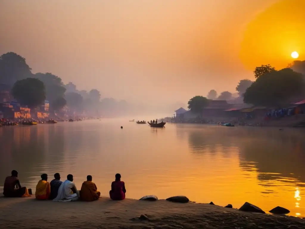 El río Ganges al amanecer: neblina matutina, rituales hindúes y colores vibrantes que reflejan la filosofía hindú: caminos de exploración