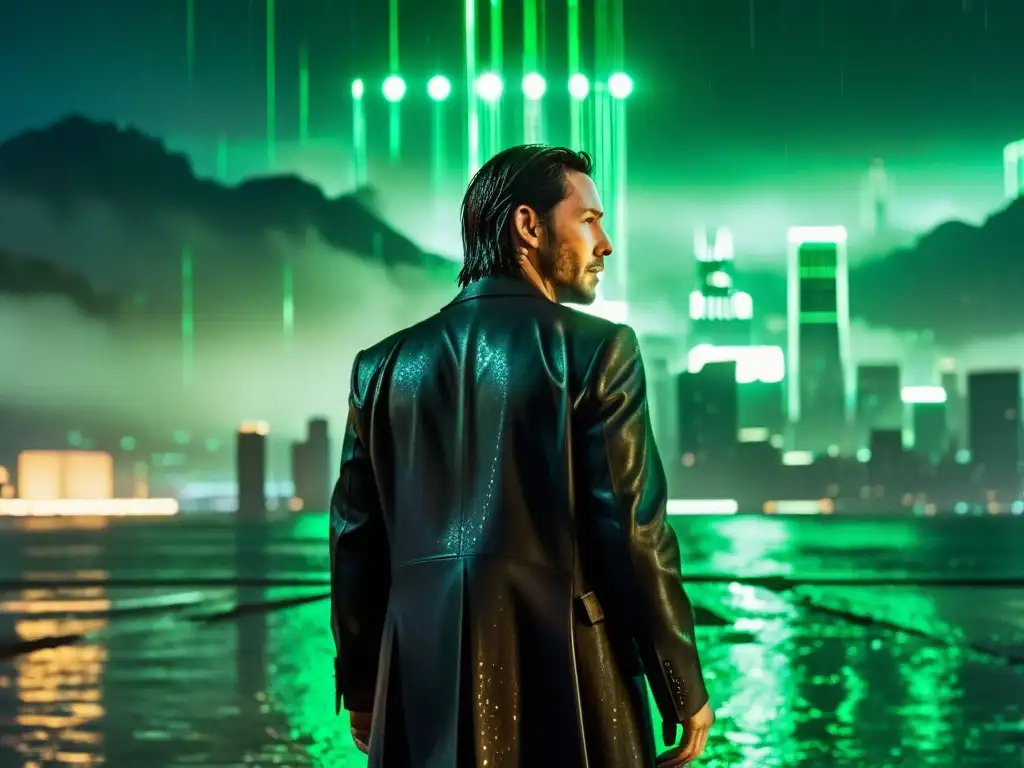 Neo en la lluvia, reflejos del Matrix en el agua