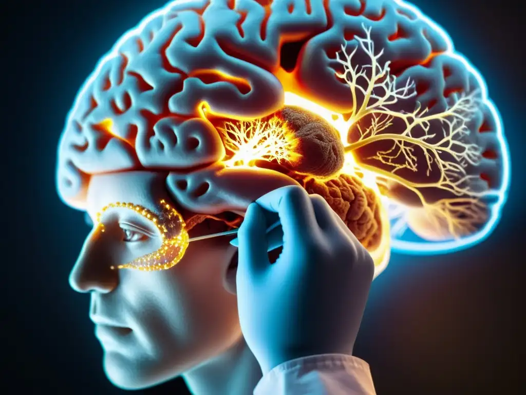 Un neurocientífico realiza una disección cerebral detallada, iluminada por luz natural