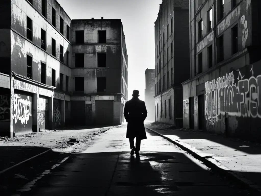 Nihilismo en la actualidad: Fotografía en blanco y negro de un paisaje urbano desolado con edificios abandonados y paredes cubiertas de grafitis