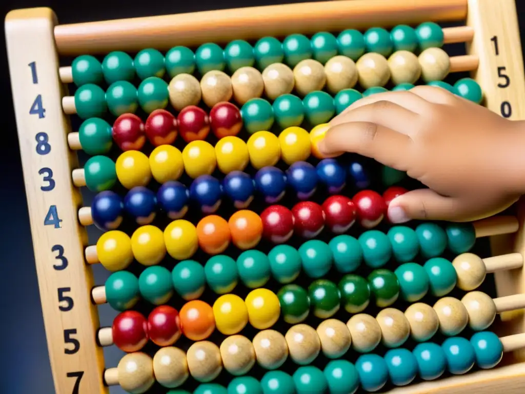 Un niño concentra su mirada en el ábaco, manipulando cuentas coloridas con destreza