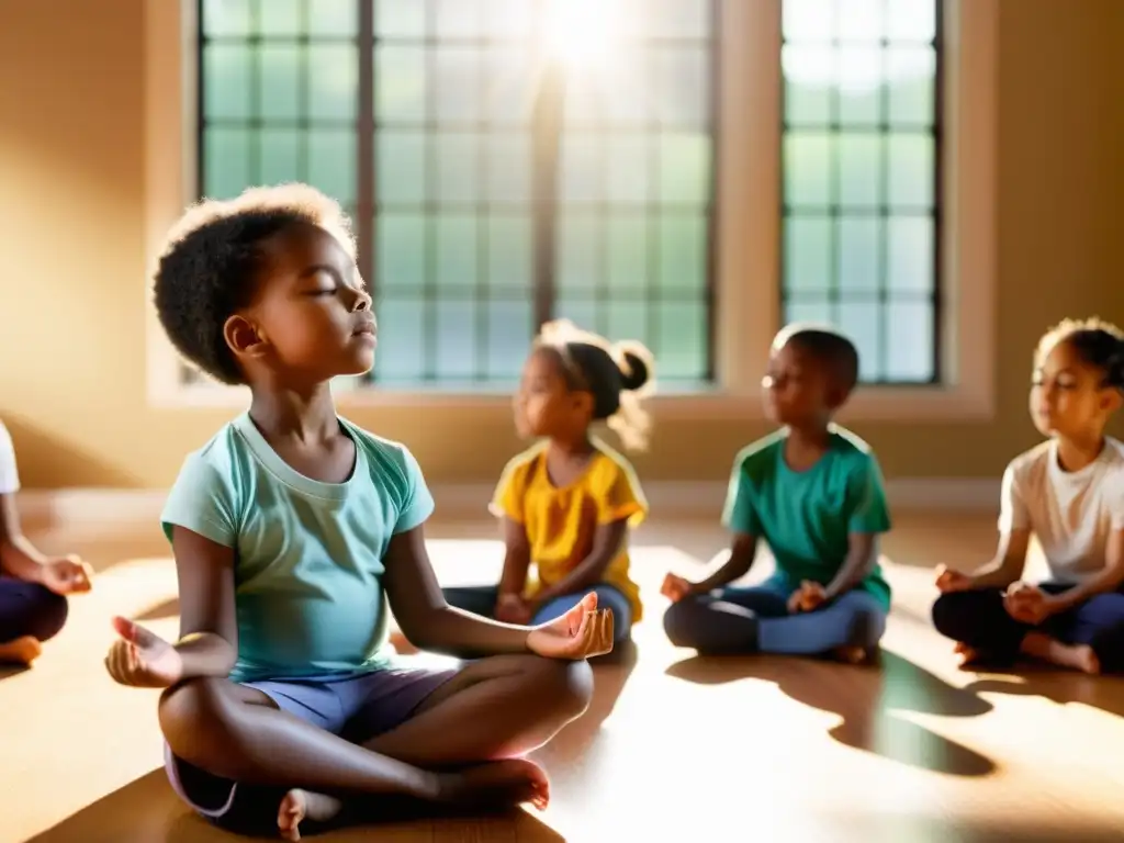 Niños practican mindfulness en aula soleada, guiados por su maestra