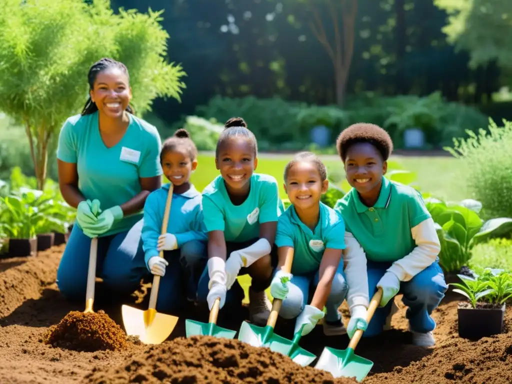 Niños cuidando jardín con conciencia ecológica educación filosofía, rodeados de naturaleza y aprendizaje práctico