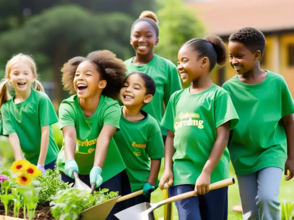 Niños escolares plantando árboles y flores en un jardín escolar vibrante, implementando ecología profunda en educación con alegría y determinación