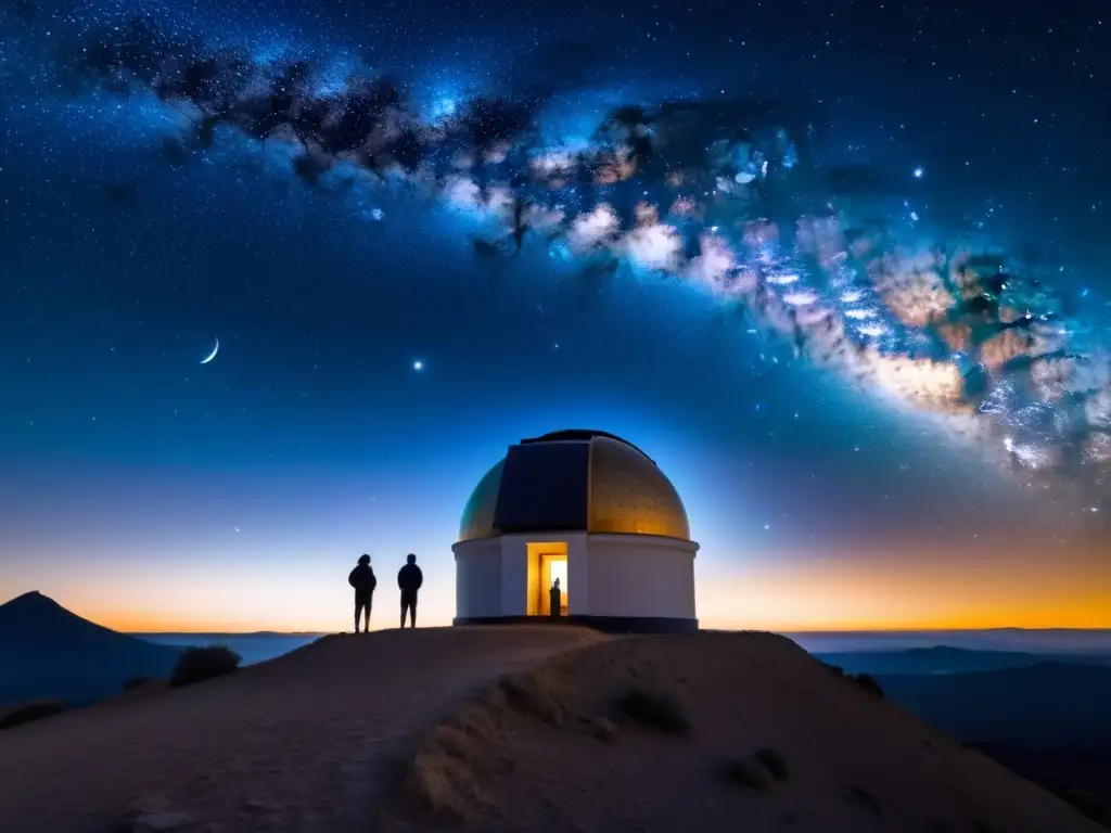 Una noche estrellada con la Vía Láctea y una antigua observatorio, evocando la Armonía de las Esferas Pitágoras