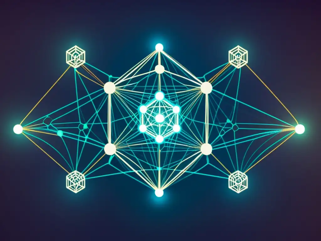 Interconexión de nodos y líneas en una estética de Blockchain Tecnología Distribuida, mostrando la complejidad y simetría del sistema descentralizado