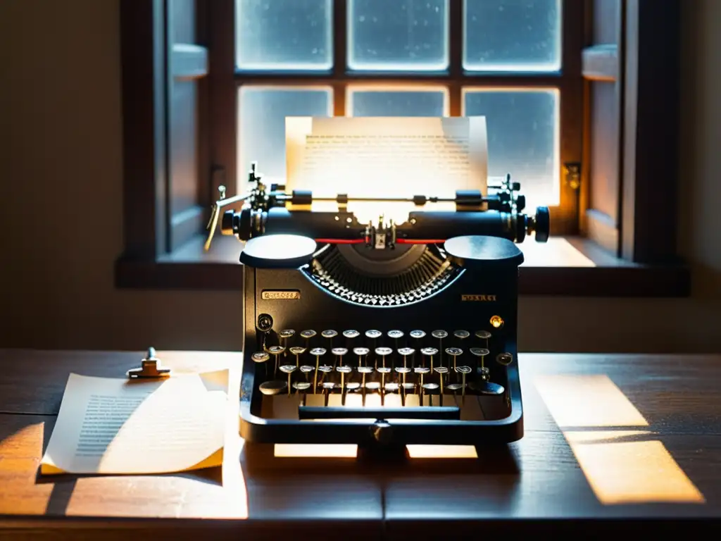 Una nostálgica imagen en blanco y negro de una antigua máquina de escribir sobre un escritorio de madera, bañada por la luz del sol