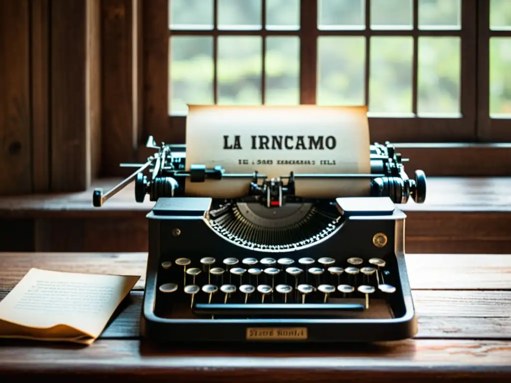 Una nostálgica máquina de escribir descansa sobre un escritorio de madera envejecida, con 'La ironía y el sarcasmo' escritos en el papel