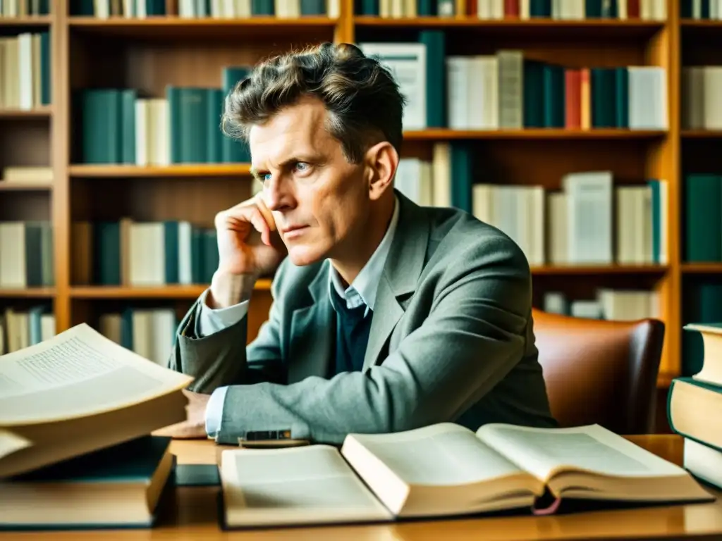 El notable Ludwig Wittgenstein reflexiona en su estudio, rodeado de libros y papeles, capturando la intensidad de su contemplación