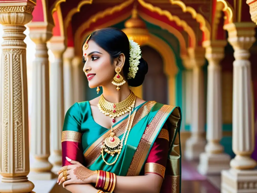 Una novia india ataviada con joyería de oro, un sari de seda colorido y diseños de henna, en un templo hindú