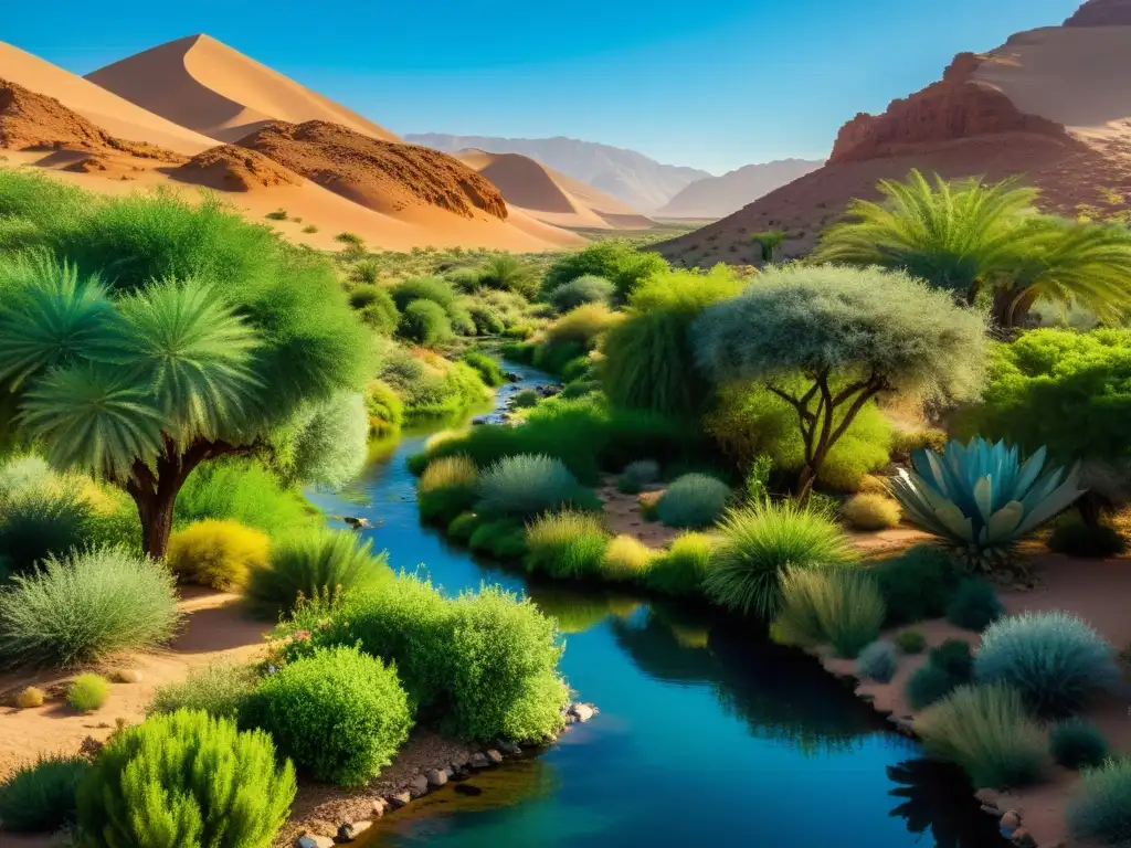 Un oasis exuberante en el desierto, con un cielo azul claro y un arroyo sereno que serpentea