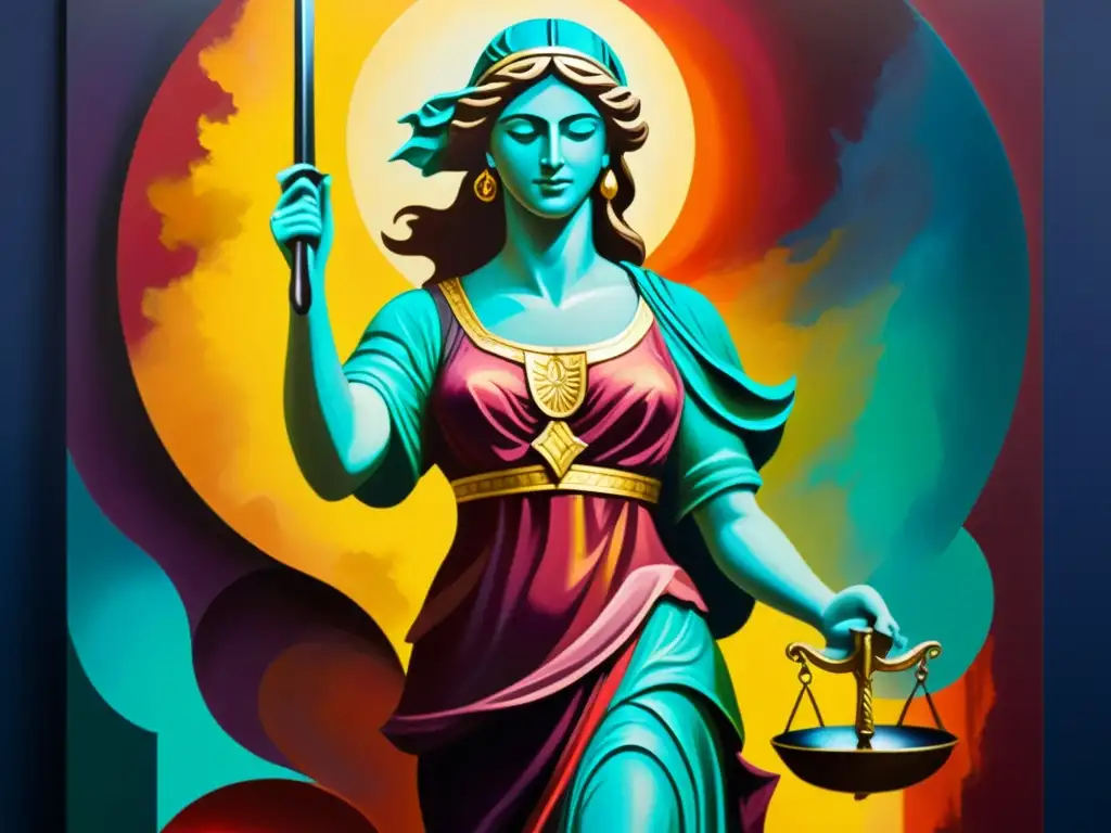 Obra de arte poderosa que representa la justicia, con Lady Justice de pie, vendada y sosteniendo la balanza y la espada