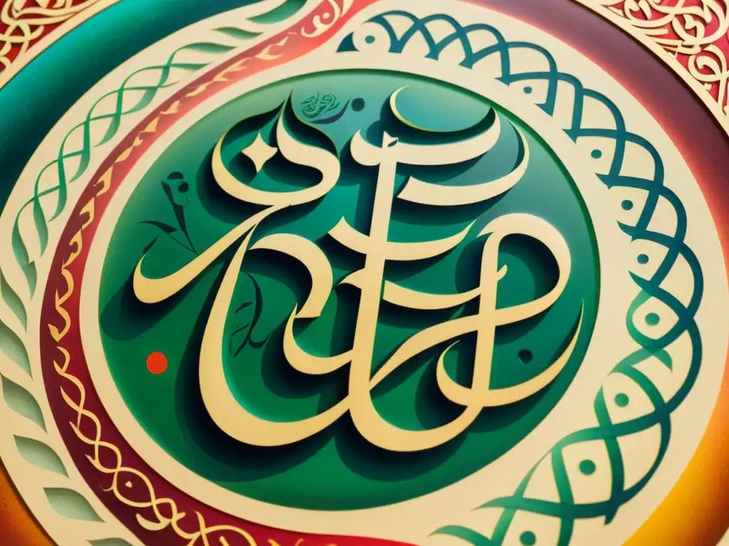 Obra de caligrafía árabe en vibrantes colores sobre pergamino, evocando la filosofía del lenguaje en el Islam