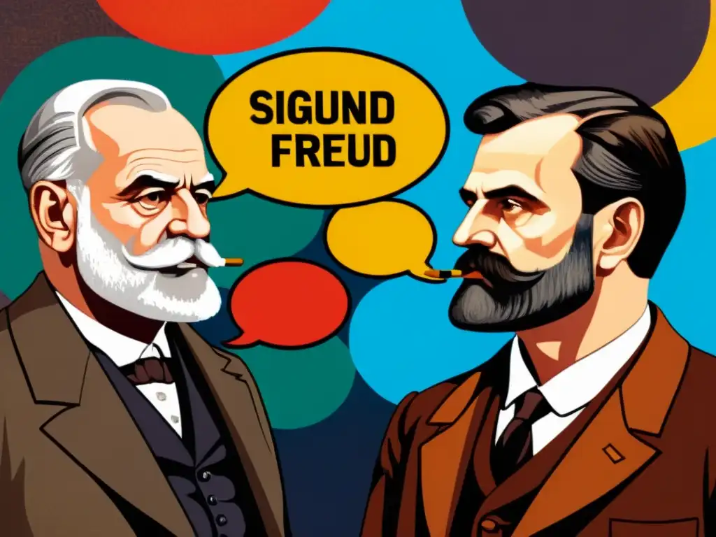 Obra detallada de Freud y Nietzsche en intenso diálogo entre filosofía y psicoanálisis, con símbolos y colores ricos