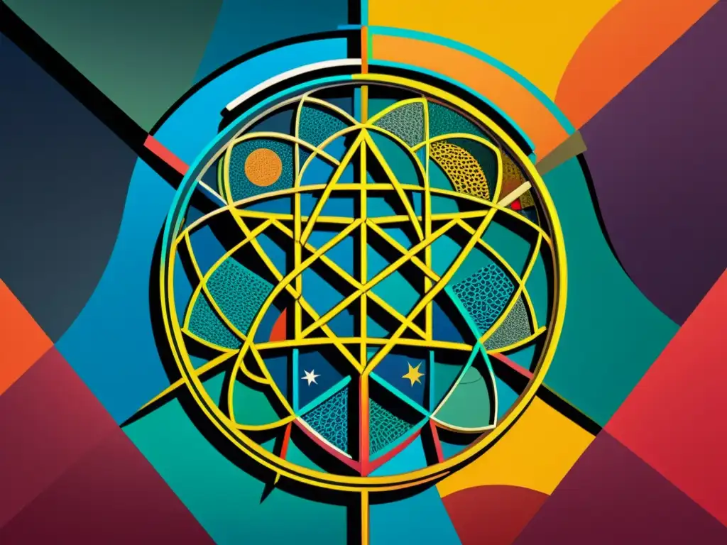 Obra digital abstracta que representa la compleja relación entre postmodernismo y religión, con símbolos religiosos y una mezcla de colores vibrantes