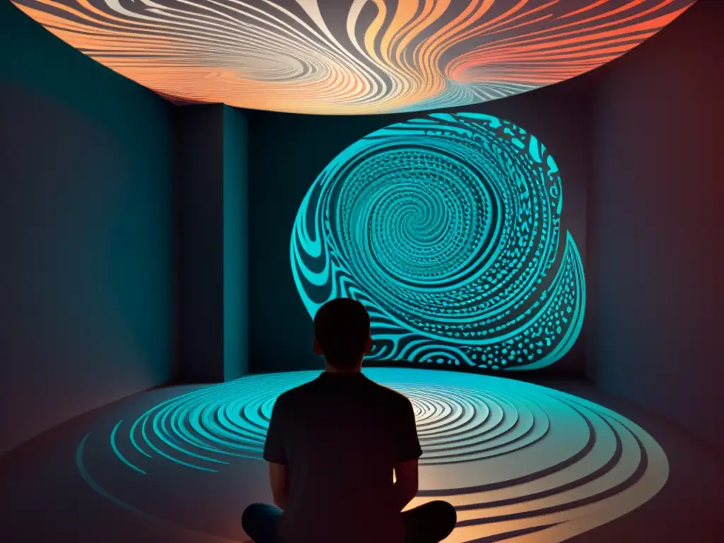 Obra digital abstracta: persona sola en habitación oscura, rodeada de patrones caóticos