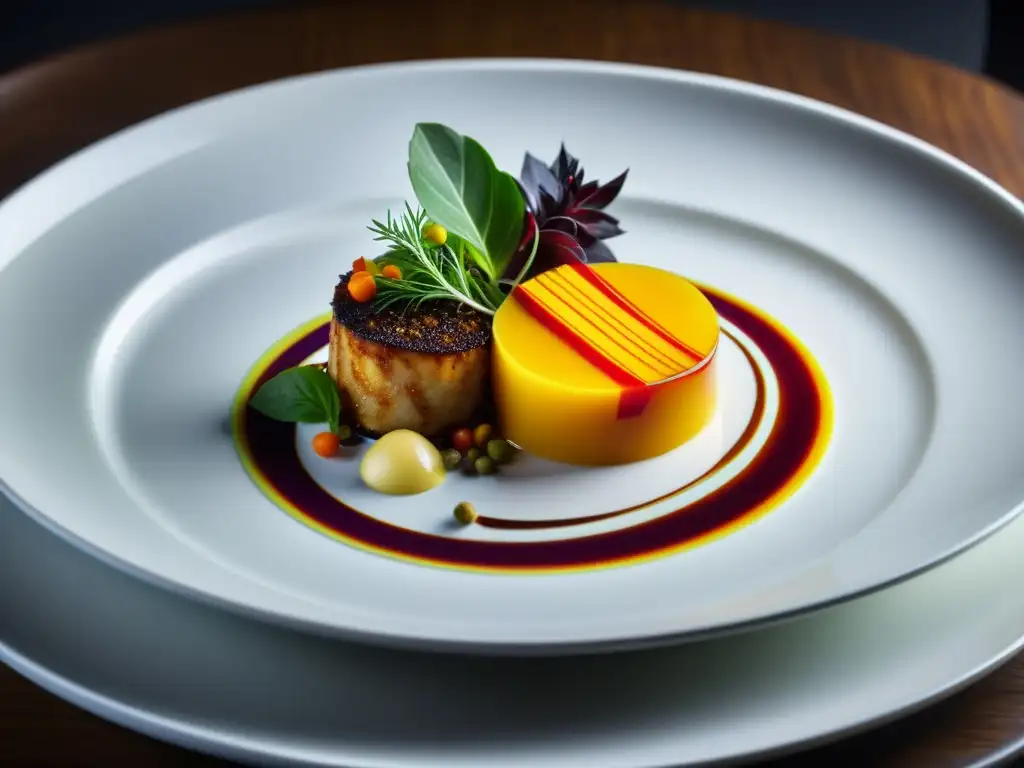 Una obra maestra de la gastronomía postmoderna: una fusión de sabores en un plato magníficamente elaborado en un restaurante contemporáneo