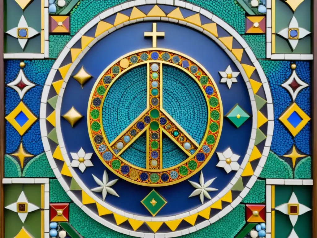 Obra de mosaico detallada que muestra la armonía entre símbolos religiosos y motivos culturales