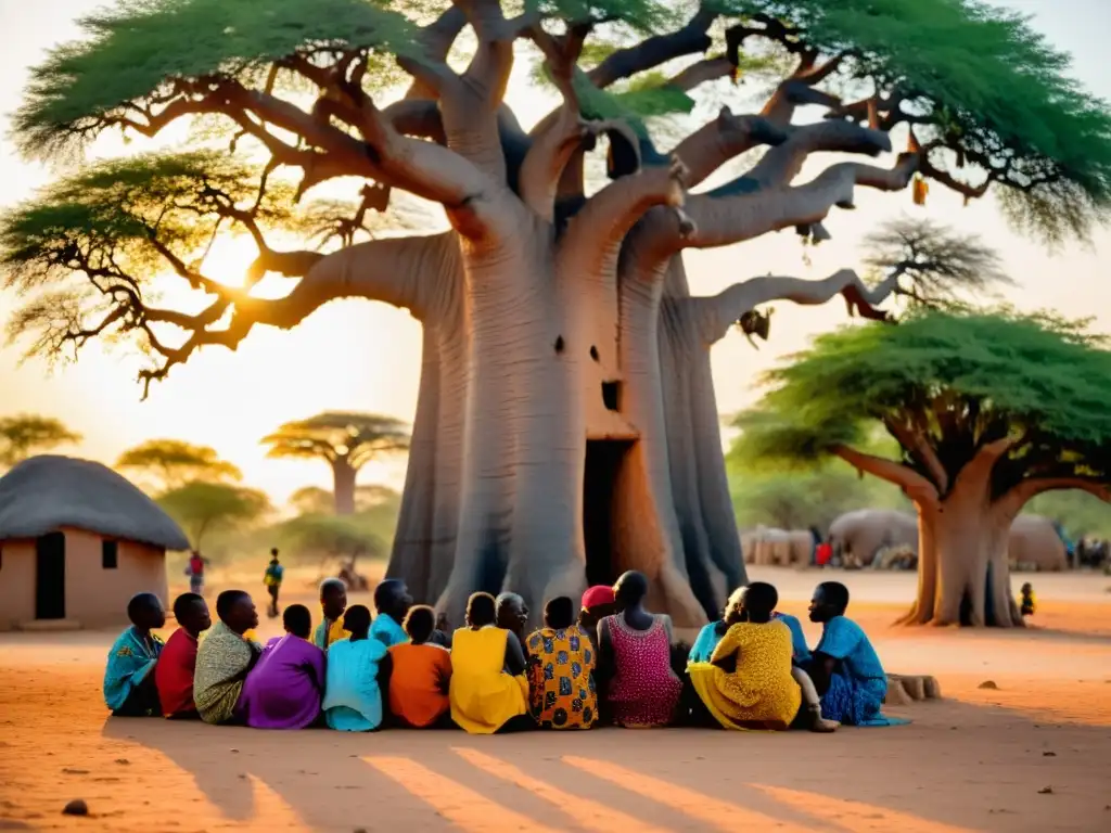 Filosofía griots en África Occidental: Los griots comparten historias bajo un baobab, rodeados de comunidad y sabiduría al atardecer