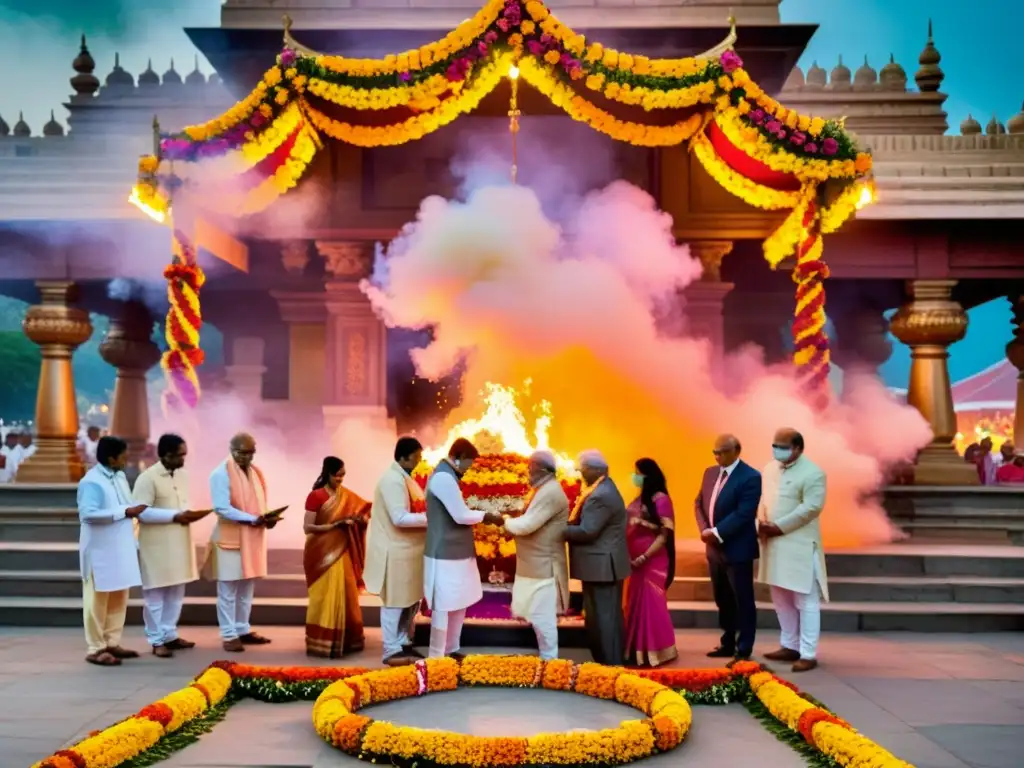 Oficiales del gobierno en India participan en ritual hindú, simbolizando la influencia del hinduismo en política