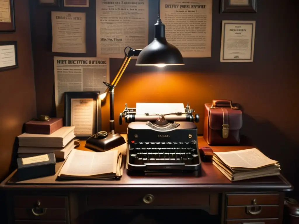 Oficina de detective en penumbra, con escritorio desordenado, máquina de escribir vintage y silla de cuero