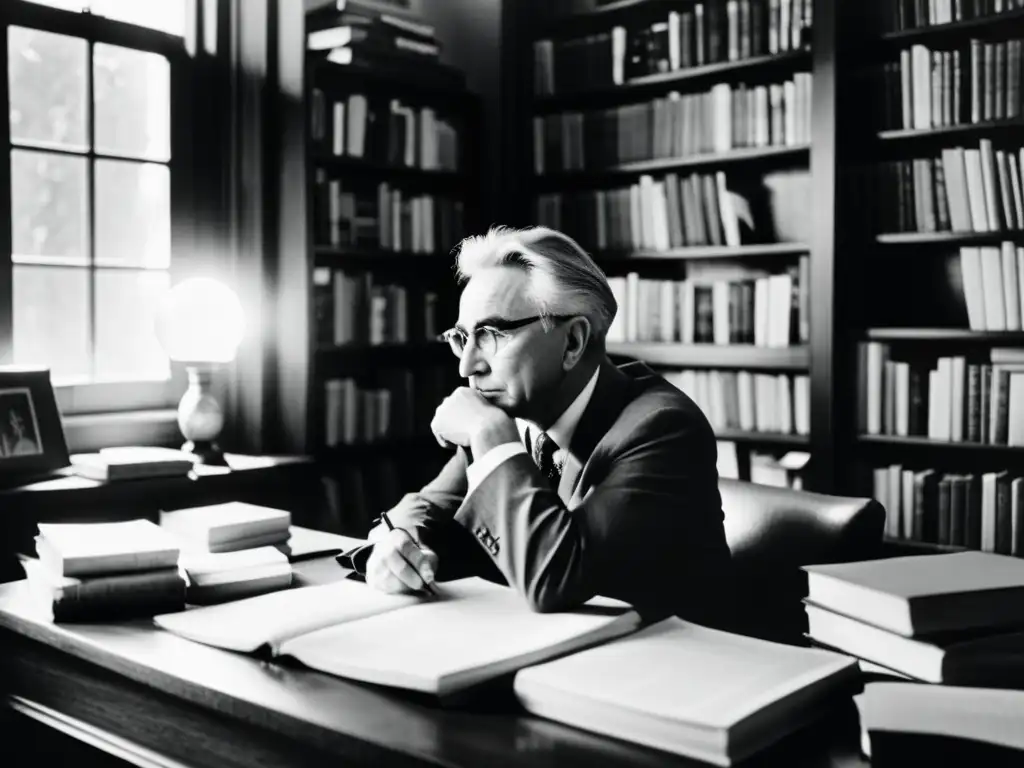 Viktor Frankl reflexiona en su oficina llena de libros y papeles