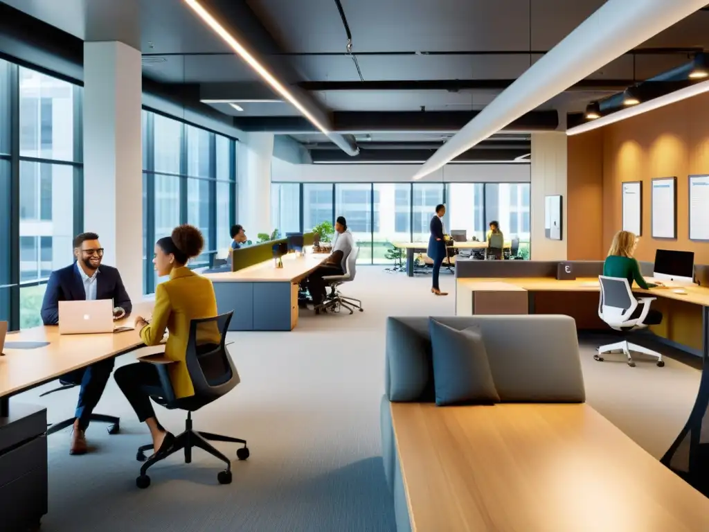 Oficina moderna y dinámica, con diversidad y colaboración, reflejando la ética en el futuro del trabajo