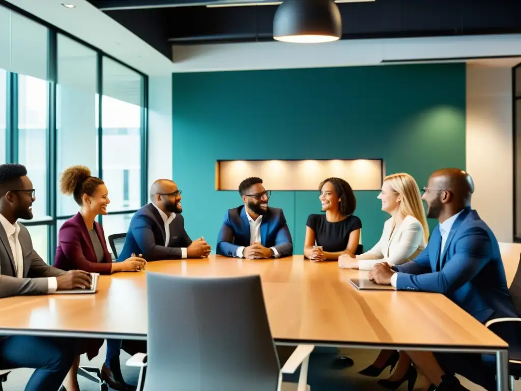 Una oficina moderna con empleados diversos, demostrando ética empresarial y retención de talentos en una reunión colaborativa