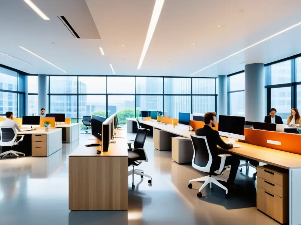 Oficina moderna llena de energía, colaboración y tecnología de vanguardia, reflejando la ética del trabajo en la era digital