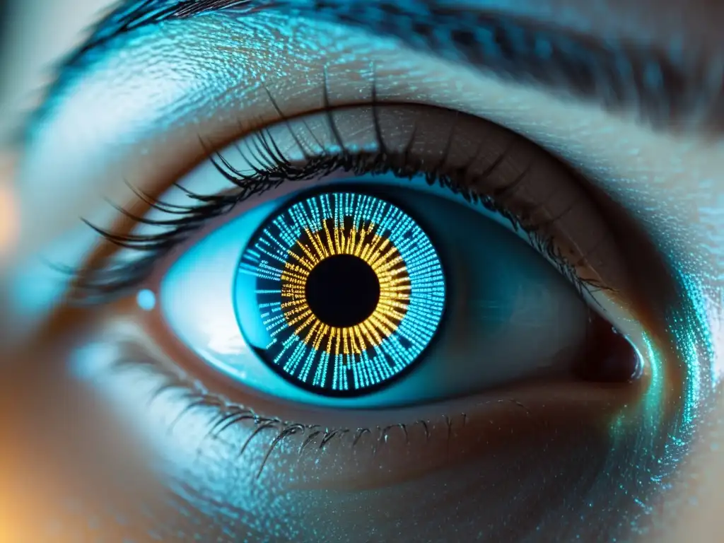 Un ojo humano refleja una interfaz digital con código y visualizaciones de datos, simbolizando la privacidad en la Era de la IA