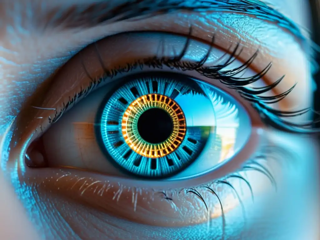 Un ojo con interfaz digital refleja la privacidad en la Era de la IA, mostrando vulnerabilidad y reflexión