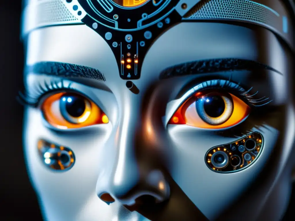 Los ojos de un robot humanoide muestran intrincados patrones de circuitos, evocando la ética en la inteligencia artificial con misterio y profundidad